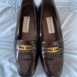 Etienne Aigner Dark Brown Croc-Embossed Leather Loafers with Gold Accent